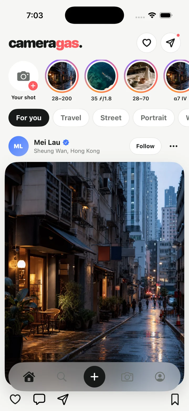 CameraGAS social photo feed showing a Hong Kong street photograph