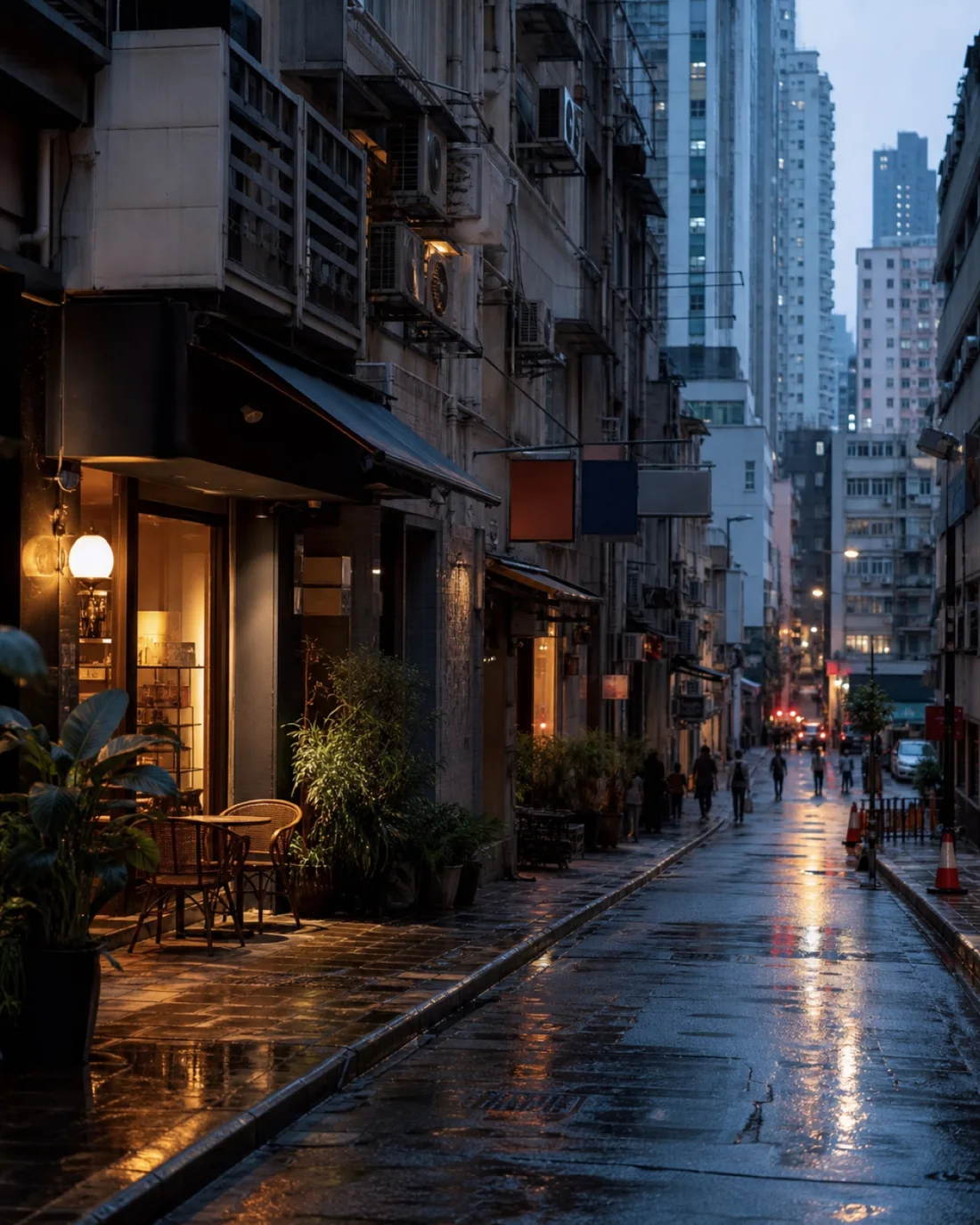 Rainy Hong Kong street photographed at blue hour