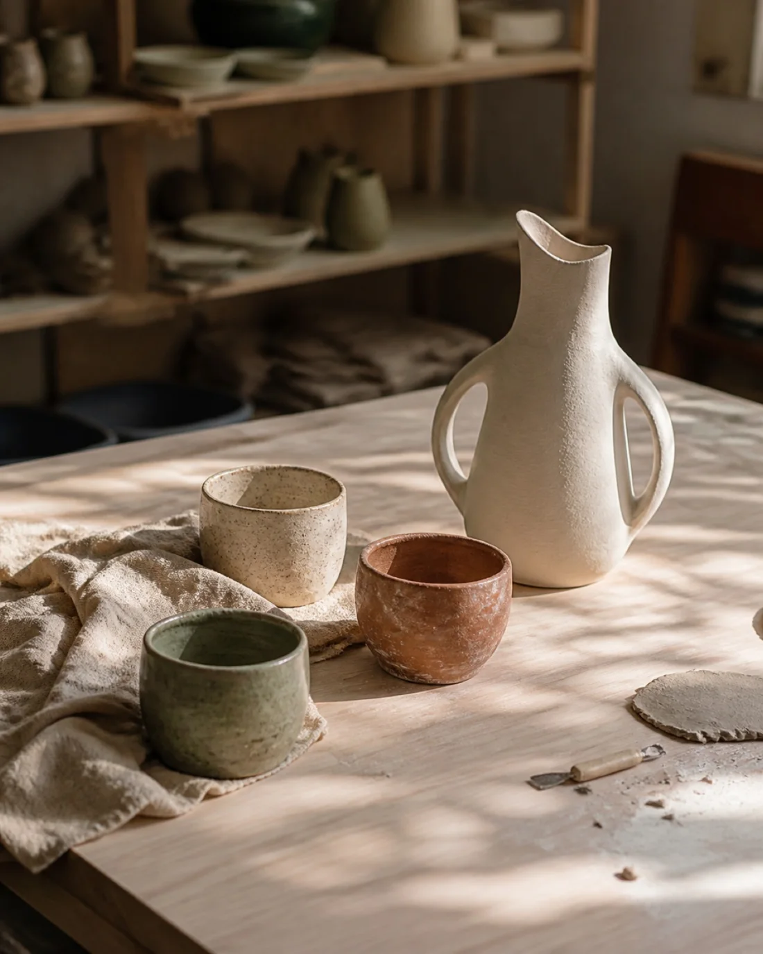 Handmade ceramic cups in a warm studio